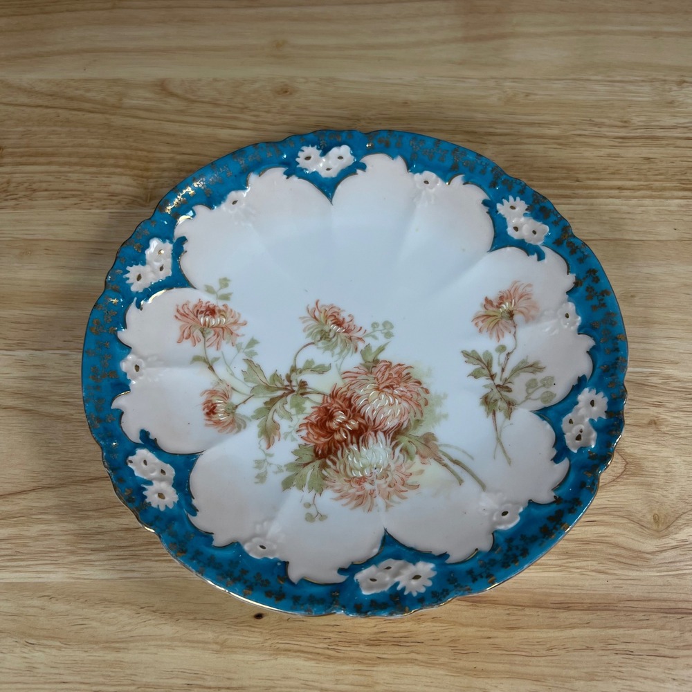 Vintage Weimar Germany Porcelain Plate Chrysanthemum Turquoise Gold Pierced 7.75